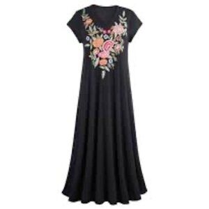 Caite Women's 1X Black Knit Floral Embroidered Boho Flowy Beach Midi Maxi Dress